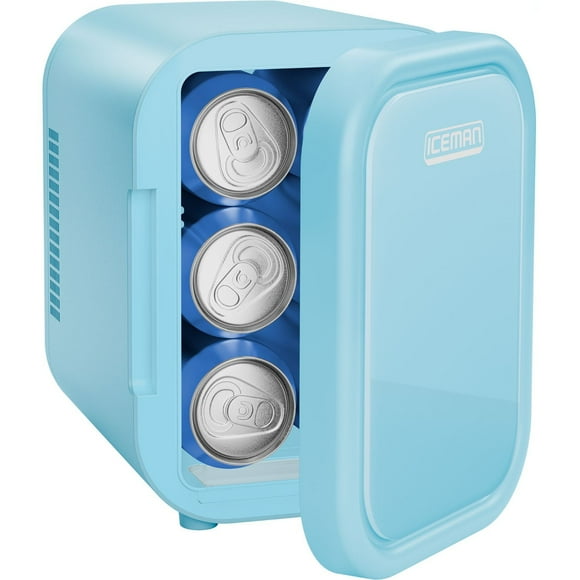 ICEMAN Portable Mini Fridge w/ 6 355 ml (12oz) Can Capacity, Cools and Heats, Car Plug Included - Blue, New