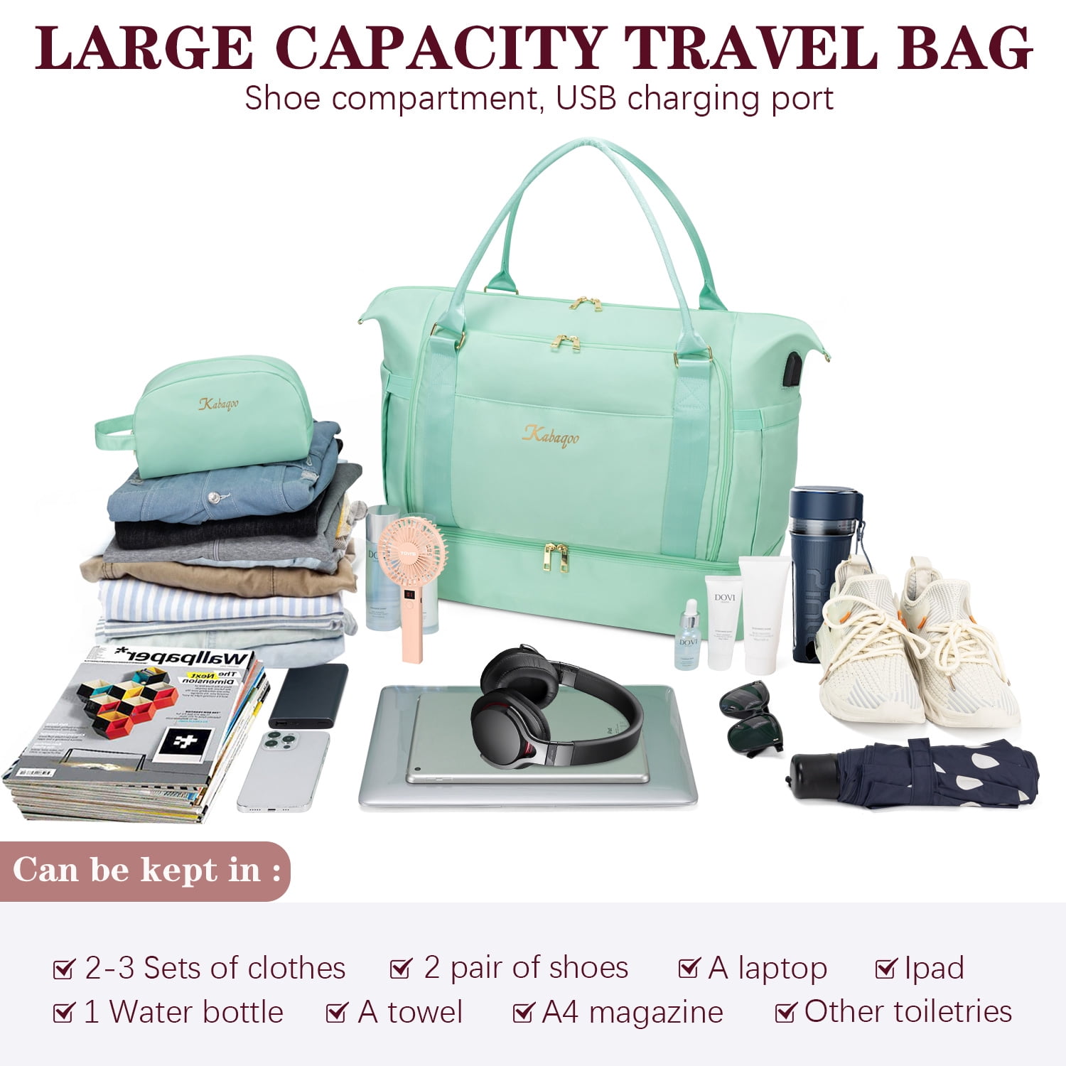 Kabaqoo Travel Duffel Bag with USB Charging Port, Overnight Bag for Women with Shoe Compartment & Wet Pocket