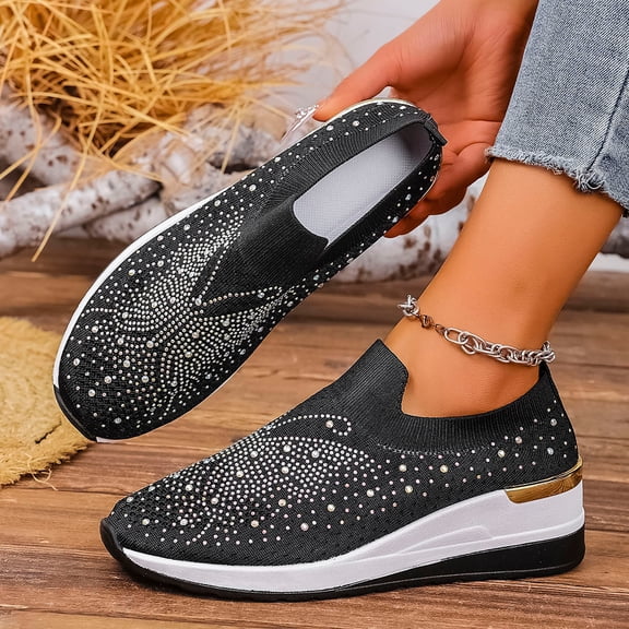 Xucatan Women's Rhinestone Knit Sneakers, Sparkly Slip On Walking Shoes, Bling Comfortable Platform Flats for Casual Daily Wear Gift