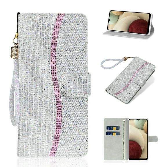 Glitter Wallet Case for Samsung Galaxy S23 Ultra, Sparkle Bling PU Leather Wrist Strap Soft TPU Shockproof Flip Cover with Kickstand Magnetic Clasp Card Slots Shining Case for Women Girls, Silver