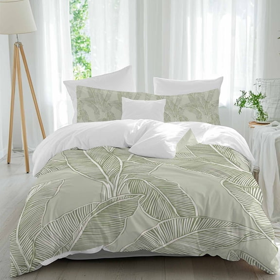 3 Piece Summer Palm Leaf Duvet Cover Set Twin Size, Microfiber Comforter/Quilt Cover with Corner Ties and 2 Pillowcases, Green Tropical Bloom Silhouettes All Season Soft Bedding with Zipper Closure