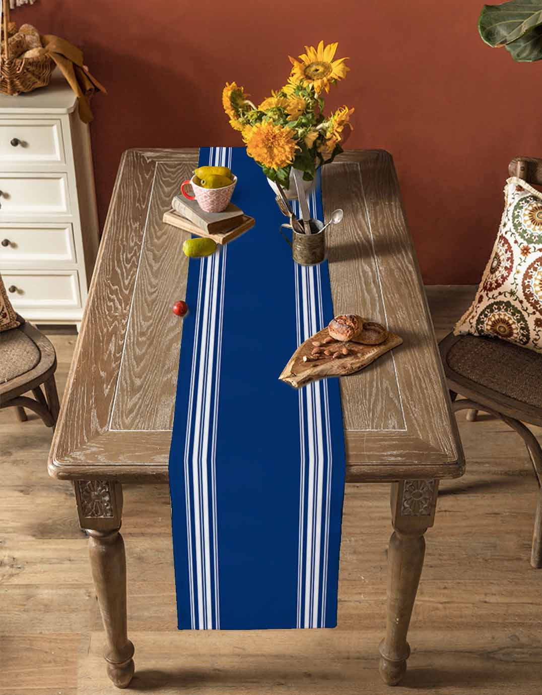 Ldtrchee Blue Striped Table Runner 36 Inches, Farmhouse Blue White Stripes Bed Runner Dresser Scarves Tabletop for Indoor Outdoor Parties/Ceremony/Banquet, 13"x 36"