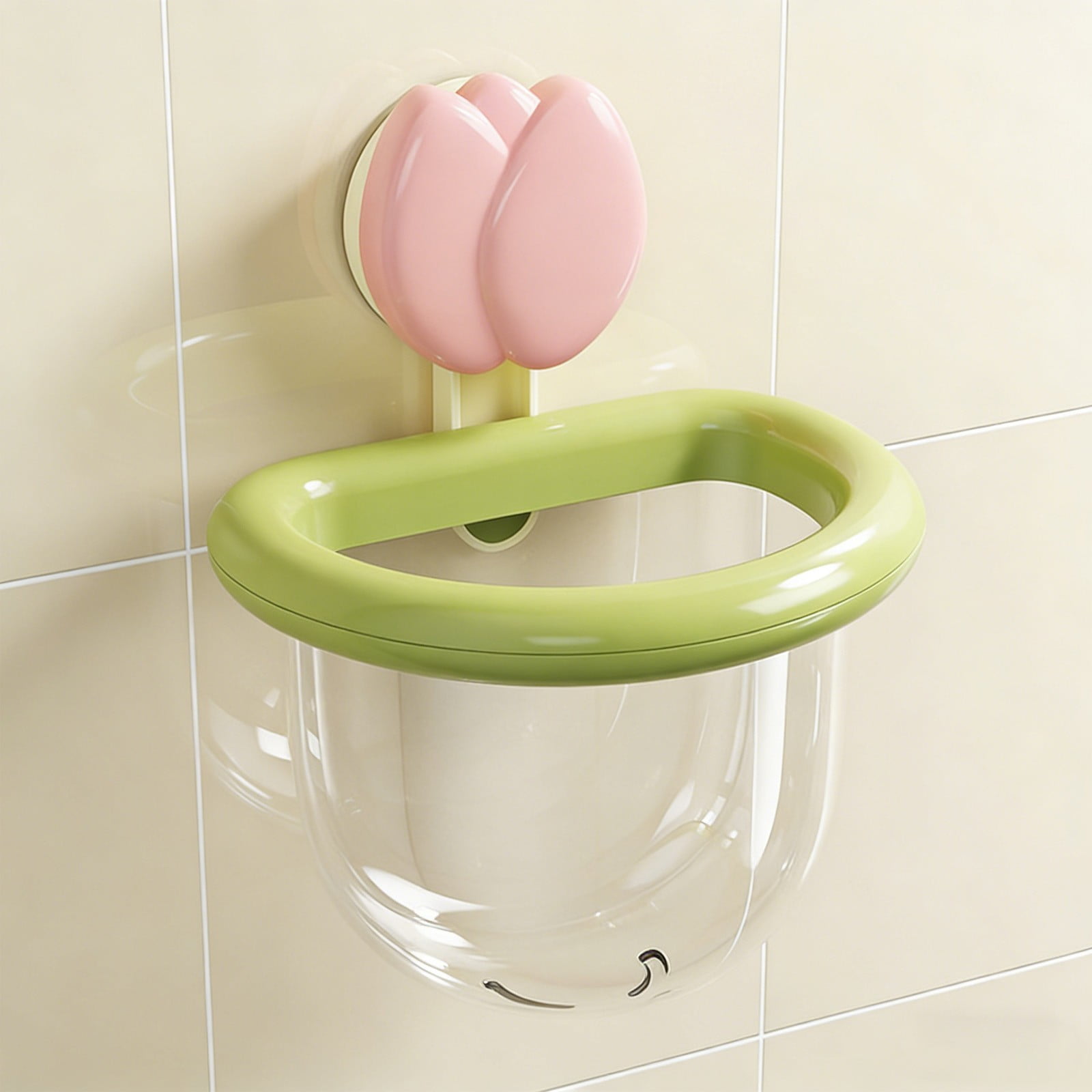 Pink Suction Cup Storage Cup With Flower Shape And Green Ring For Bathroom Kitchen Wall Mount No Tools Installation With Drain Holes