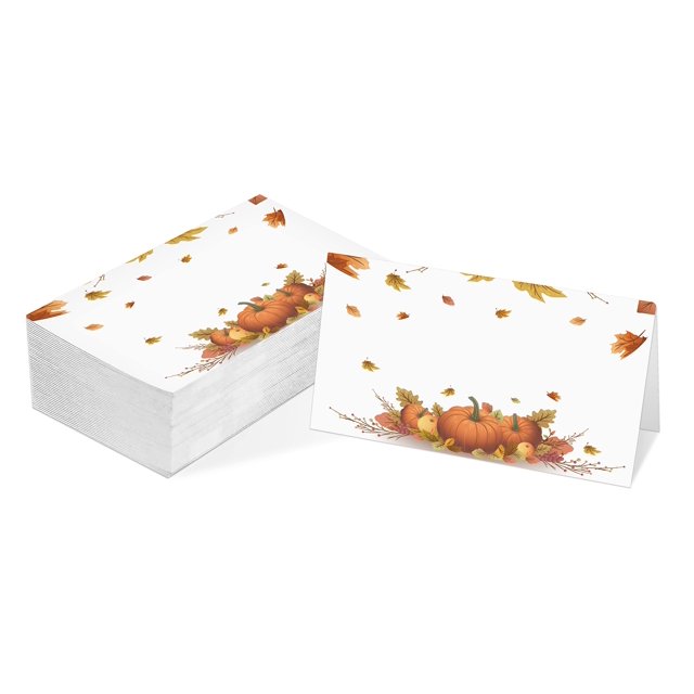 Tarjeta de lugar de mesa Cosecha de otoño Tarjetas temáticas de Acción de Gracias Paquete de 25 Tarjetas de lugar de recepción plegables por la mitad con calabaza Perfecto para cena de Acción de Graci