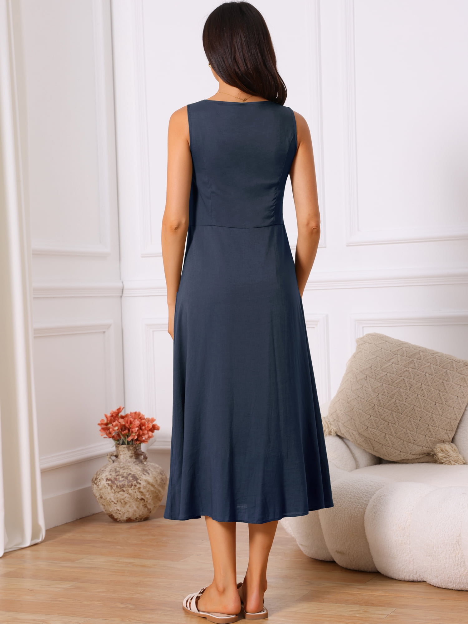 DARING DIVA Women's Sleeveless Loose Flowy Midi Tank Beach Cotton Dress M Dark Blue