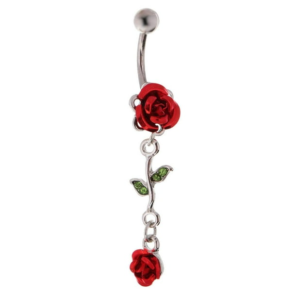 Anillos para el vientre de material acero inoxidable 316L Pernos prisioneros Flor Hoja Cuelga de imitación Joyas 14g - Hip rojo Yinane Botón del ombligo