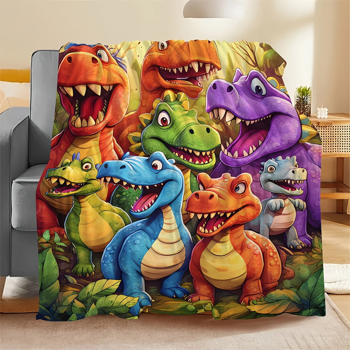 Soft & Cozy Cartoon Dinosaur Print Flannel Blanket - Vibrant, Warm, and Versatile for Office, Camping, Travel - Machine Washable, All-Season Gift, Perfect for Youngsters, Birthday, Party Favors, Surv
