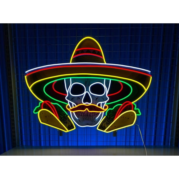 Glowneon Skull And Tacos Acrylic Neon Signs, Mexican Restaurant Decor