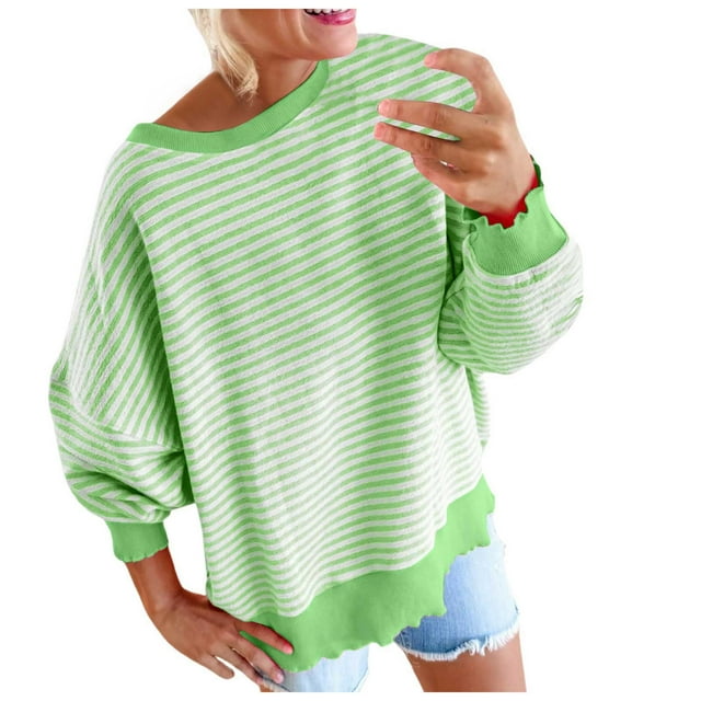 Chandails en Molleton Décontractés à Manches Longues pour Femmes, Col Rond, Imprimé Rayé, Chandail Sans Capuche, Haut à Manches Longues, Chemise Simple, Col en V Athlétique, Nouveau T-Shirt pour Femmes
