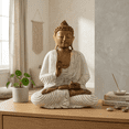 thumbnail image 3 of Wood Buddha Statue – Hand Carved Whitewashed Vitarka Mudra Sculpture, Zen Home Décor - 12" tall x 10" wide x 5.5" deep, 3 of 10