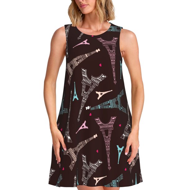 Easygdp Eiffel Tower para Vestido Transpirable de Mujer, Vestido Suelto de Manga Corta con Pliegues y Bolsillos para el Verano
