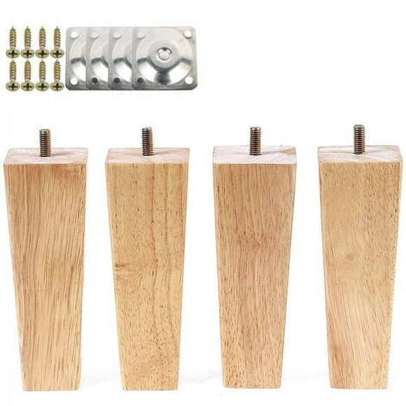 4 Pcs Pied de Meuble en Bois Pieds de Canapé de 15cm de Haut avec Plaques de Montage et Vis pour Lit Table Fauteuil Armoire