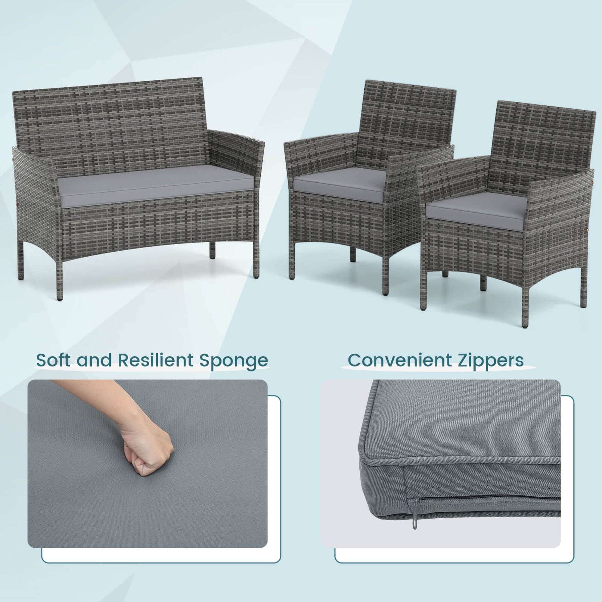 Costway 8 PCS Patio Furniture Set with Washable Cushions and Tempered Glass Coffee Table Gray