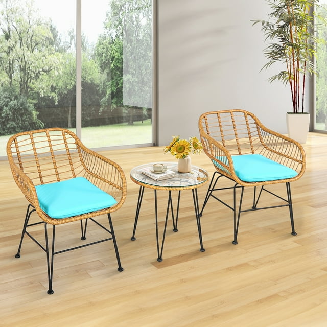 Patiojoy 3 Pieces Patio Furniture Set w/Tempered Glass Coffee Table Set for Garden and Backyard Turquoise Cushions