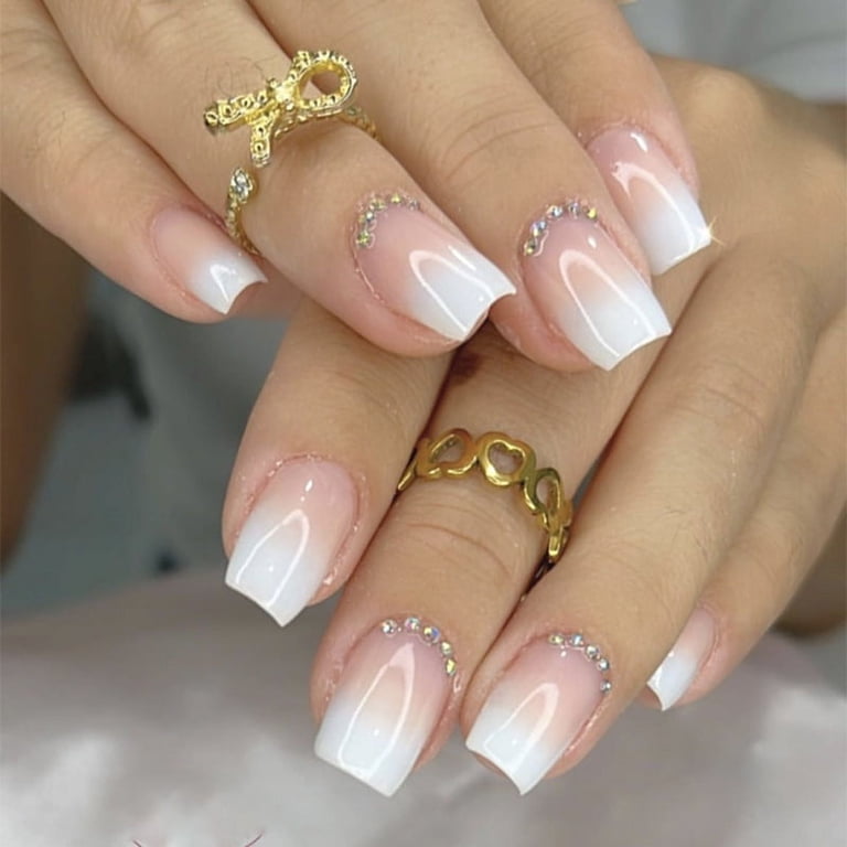 24pcs Short Round False Nails French Blue Sparkling Pearl White
