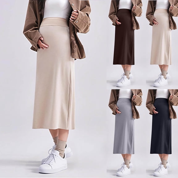 YHAJDS Maternity Solid Color Thickened Half Midi Skirt Loose Belly Support Mid Calf Skirt