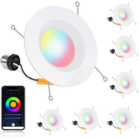 

5/6 inch Smart Wi-Fi LED Recessed Downlight RGBW Color Changing Tunable White LED Can Lights Baffle Trim 15w=100w 1100lm Compatible with Alexa and Google Assistant - 6 Pack