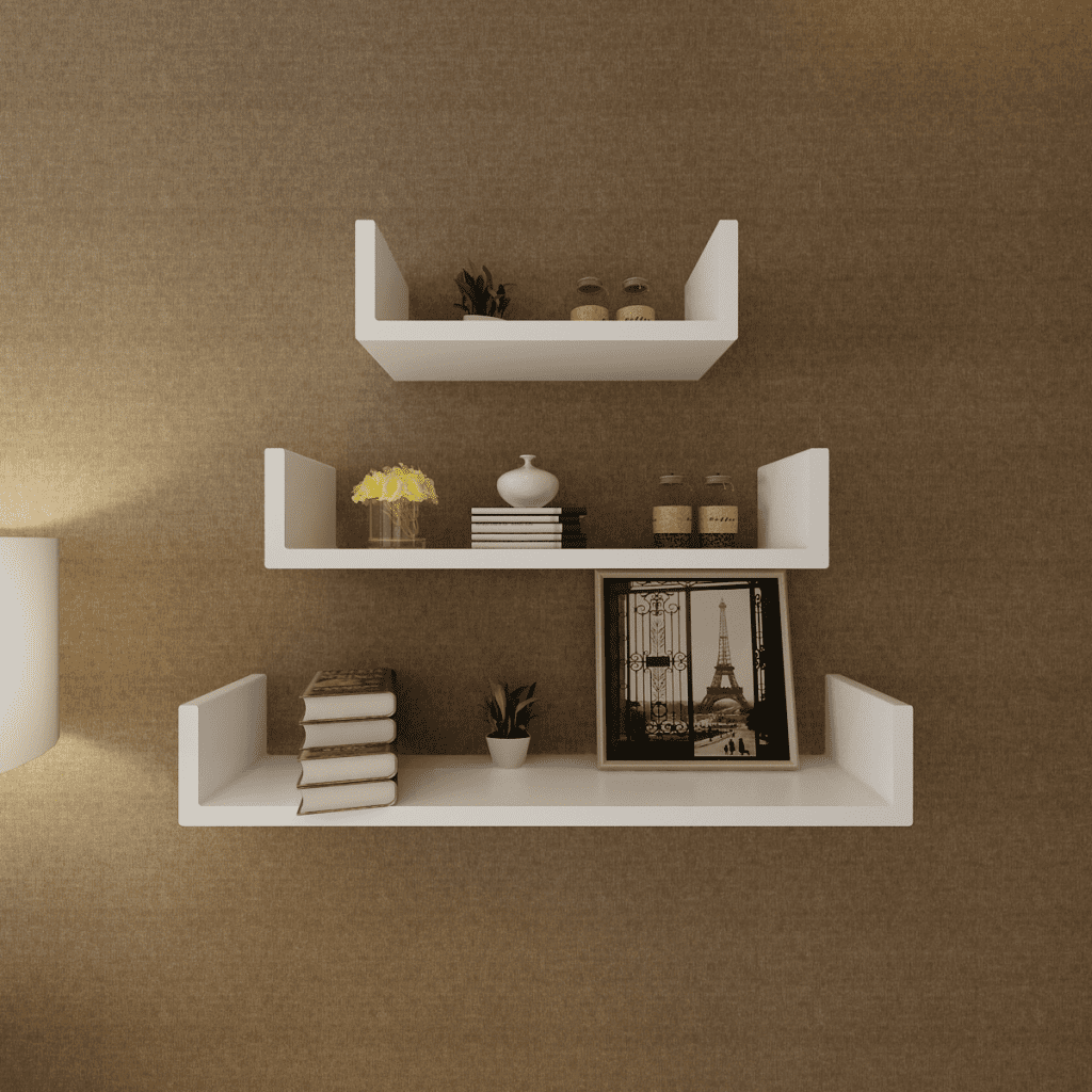 Anself 3 White MDF UShaped Floating Wall Display Shelves Book/DVD