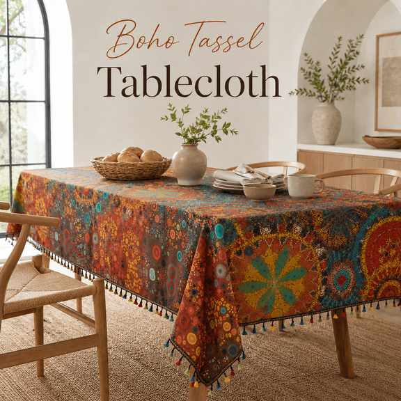 MORAVE 59"x102" Boho Square Tablecloth, Geometric Floral Print with Fringe Edge, Farmhouse Style Cover for Kitchen Dining Room Decor