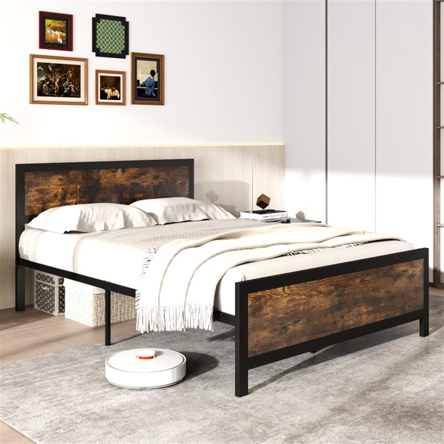 Demi Bonn Full Size Bed Frame with Headboard and Footboard, Modern Metal Platform Bed Frame with Under Bed Storage, No Box Spring Needed, Brown