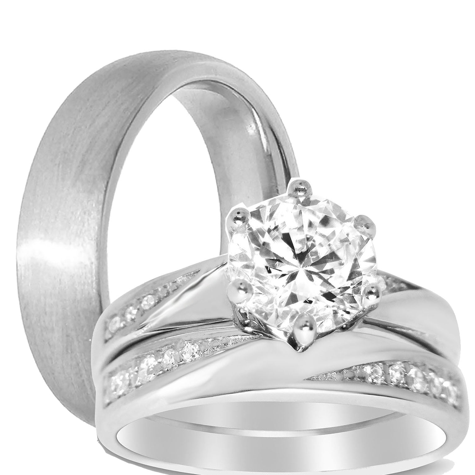 Wedding Ring Set Bridal Engagement Stainless Steel Rhodium 6.00 Ct CZ Size 8 I9