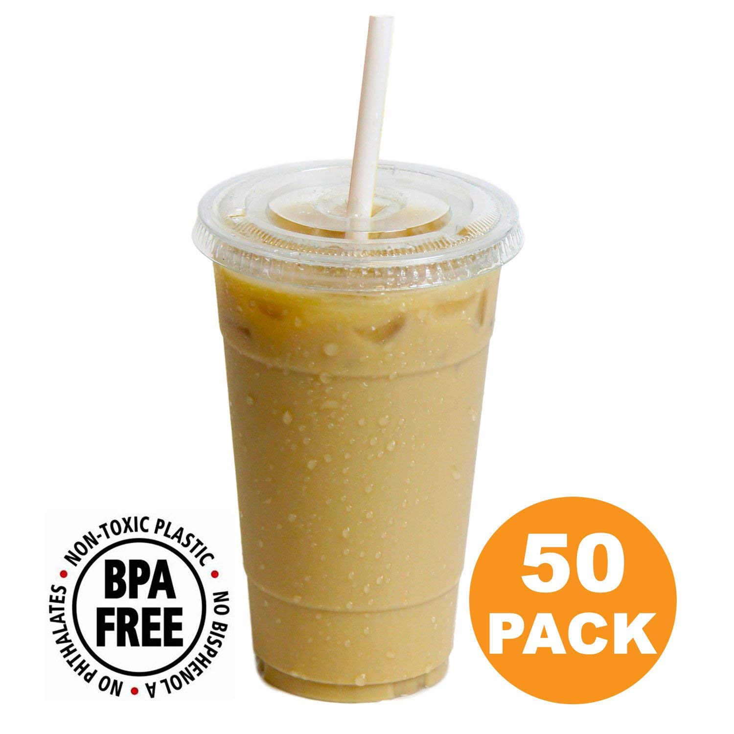 Clear Plastic Cups With Flat Slotted Lids for Iced Cold Drinks 24oz, Disposable, Extra Large