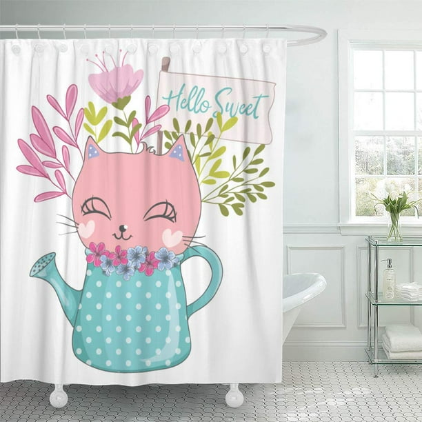 Cynlon Pink Kitten Blue Baby Cartoon Cat Green Cute Bathroom Decor Bath Shower Curtain 66x72 Inch Walmart Com Walmart Com