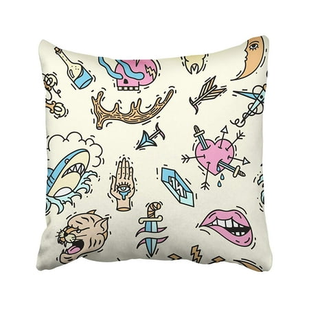 BPBOP Black Vintage Old School Tattoos Shark Hand Skull Lips Dagger Sword Tiger Pillowcase Cover