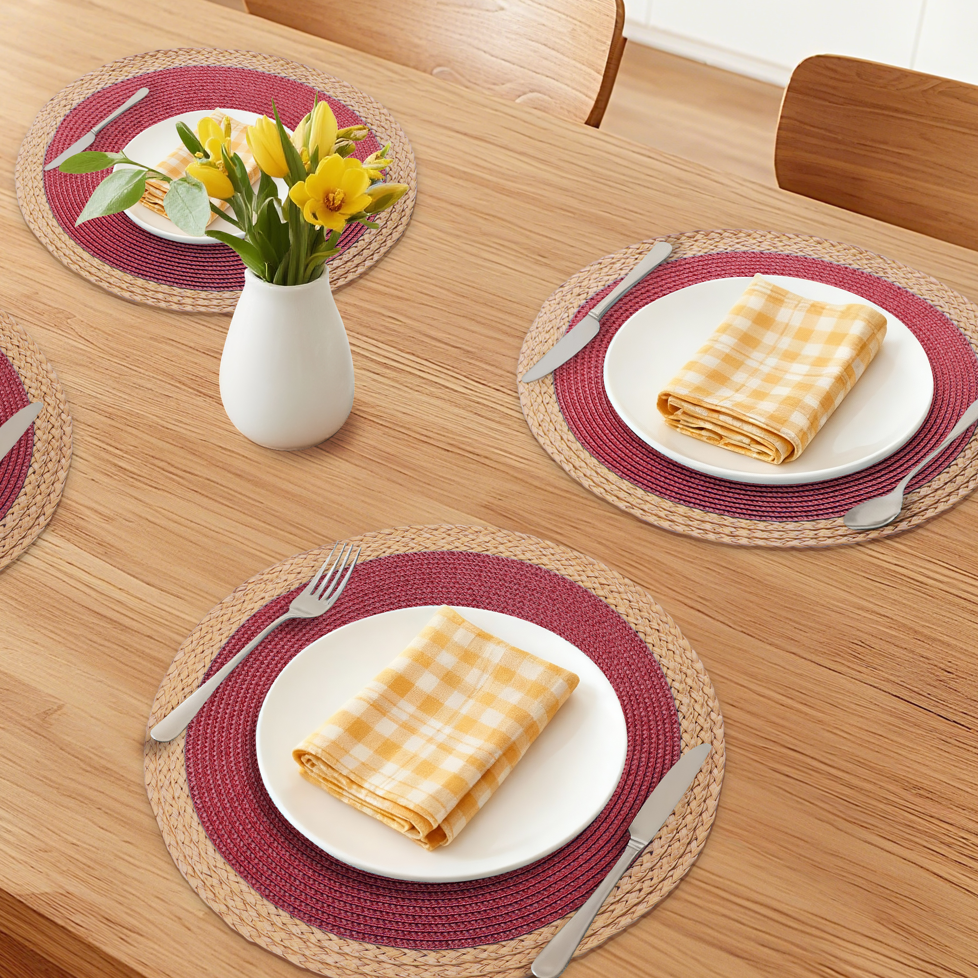 Unique Bargains Farmhouse Placemats Set of 6 Washable Kitchen Table Mat Wine Red