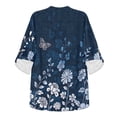 thumbnail image 4 of FKELYI Faux Linen Shirts Women's V-Neck Blouses Flower Butterfly Blue Print Breathable Roll Up Sleeve Shirts Summer Beach Top 3/4 Sleeve Vacation Outfits, S, 4 of 5