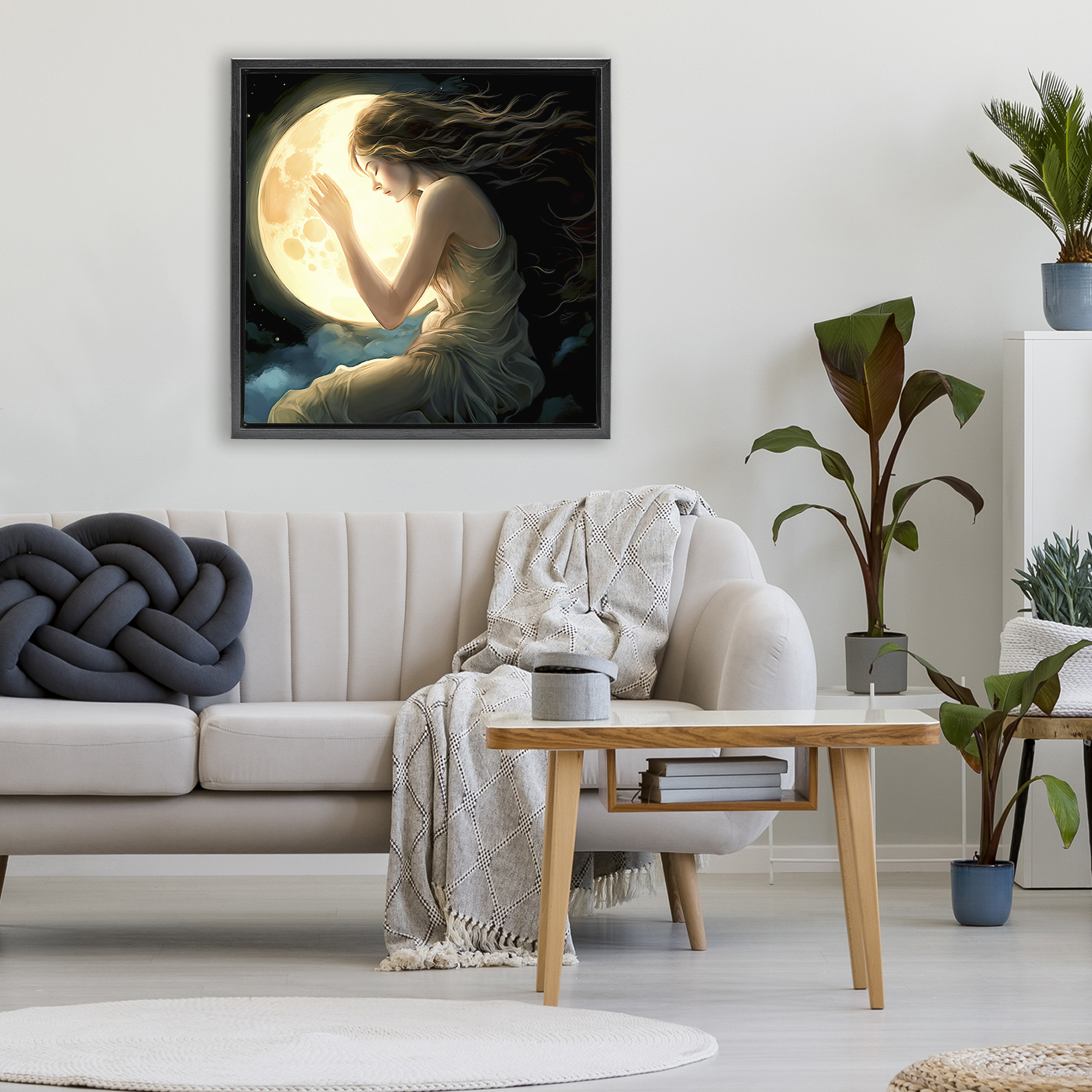 Ethereal Moon Love Black Framed Floater Canvas Wall Art, design by Sasha