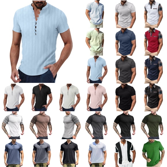 QATAINLAV Vente Éclair, Polos Décontractés pour Hommes Mode à Blocs de Couleur Manches Courtes Chemise de Golf Coupe Ajustée Bouton Coton Col en V Hauts d'Entraînement avec Poche Gris Foncé L