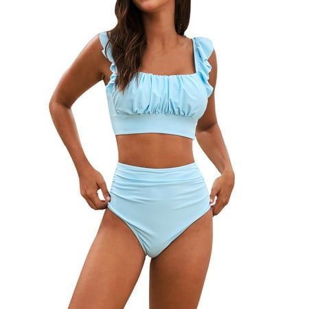 XUELUO Womens Bikinis Solid Color Strappy Ruffled Square Collar Bra And High Waist Panty Set Two Pieces Swimwears Activewear