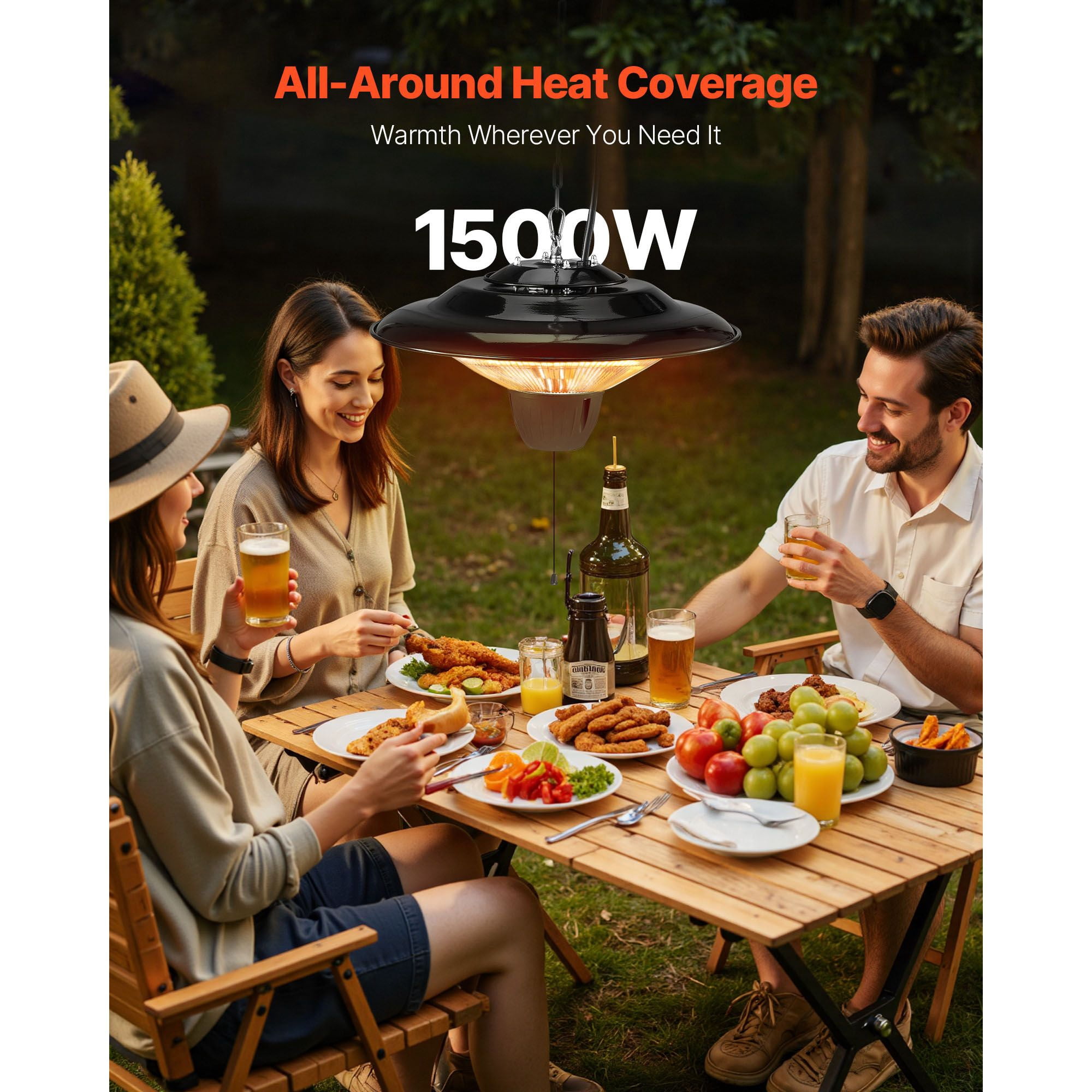 1500W Infrared Patio Heater with 3-Second Heating, 360° Heat Distribution, IP34 Waterproof, Adjustable Height, for Outdoor Patio Garage