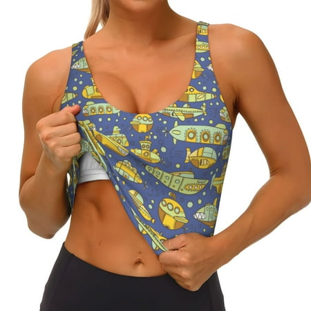 Qokaie Cartoon Submarines Pattern Womens Scoop Neck Sports Bra Breathable Workout Vest Padded U Back Medium Impact Fitness Gym Yoga Bra Workout Crop Top