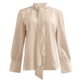 thumbnail image 4 of Women's Bow Tie Neck Long Sleeve Buttton Satin Elegant Blouse Elegant Silk Dressy Casual Business Work Tops Khaki XXL, 4 of 4