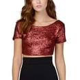 thumbnail image 1 of CNKOO Hauts Courts Mode Femmes Col Rond Uni Paillettes Manches Courtes Court Nombril Haut Blouse T-Shirt, 1 of 8