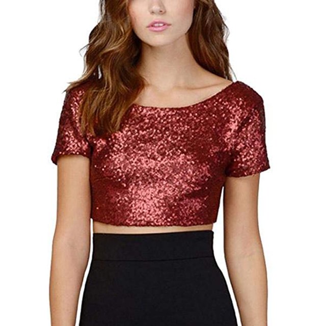 CNKOO Hauts Courts Mode Femmes Col Rond Uni Paillettes Manches Courtes Court Nombril Haut Blouse T-Shirt