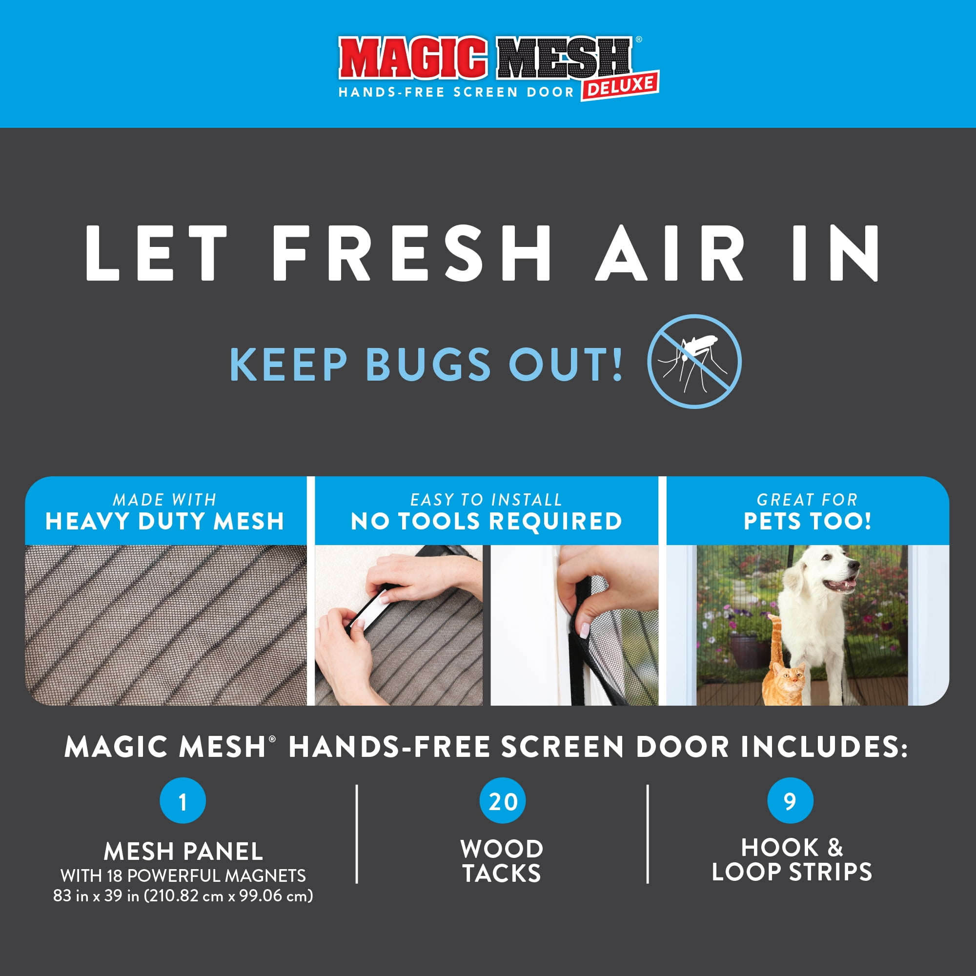 Magic Mesh Deluxe Hands-Free Magnetic Screen Door, Fits Doors up to 39 x 83  inches, Black 