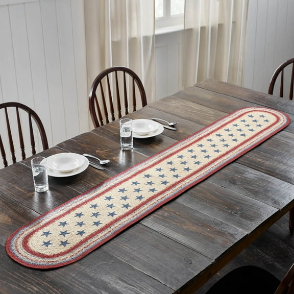 VHC Brands Celebration Farmhouse Jute Table Runner, Oval, Red Creme Blue, 13x72