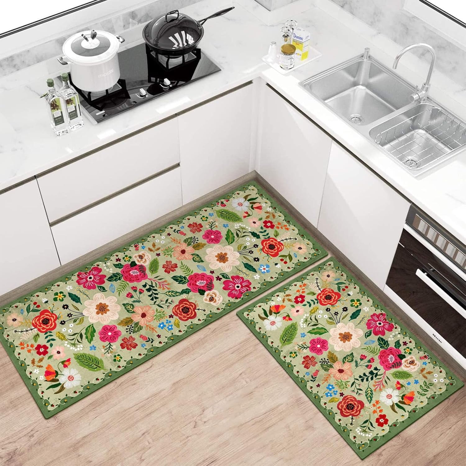 Kitchen Rugs and Mats Non Skid Washable Set of 2,Boho Floral Modern Farmhouse Bohemian Kitchen Runner Rugs with Rubber Backing for Kitchen Decor and Accessories (Green 17"x47"+17"x30")