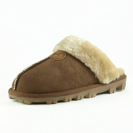 

CLPP LI Womens Slip on Faux Fur Warm Winter Mules Fluffy Suede Comfy Slippers - Tan - 8