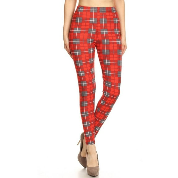 Womens Regular Size Red Grey Checkered Plaid Pattern Ultra Soft Leggings (One Size)