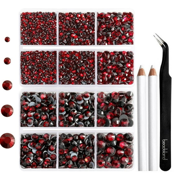 6736pcs Hotfix Rhinestones Flatback,Dark Red Rhinestones for Crafts Clothes Mixed 5 Sizes, Hotfix Crystals with Tweezers and Wax Pencil Kit, SS6-SS30,Dark Siam