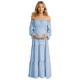 thumbnail image 3 of Gyujnb Lightweight Flowy Boho Maternity Tiered Maxi Dress Off Shoulder Ruffle Neck Long Bubble Flare Sleeve Smocked High Waist Elegant Gown for Pregnancy Photoshoot,M, 3 of 9