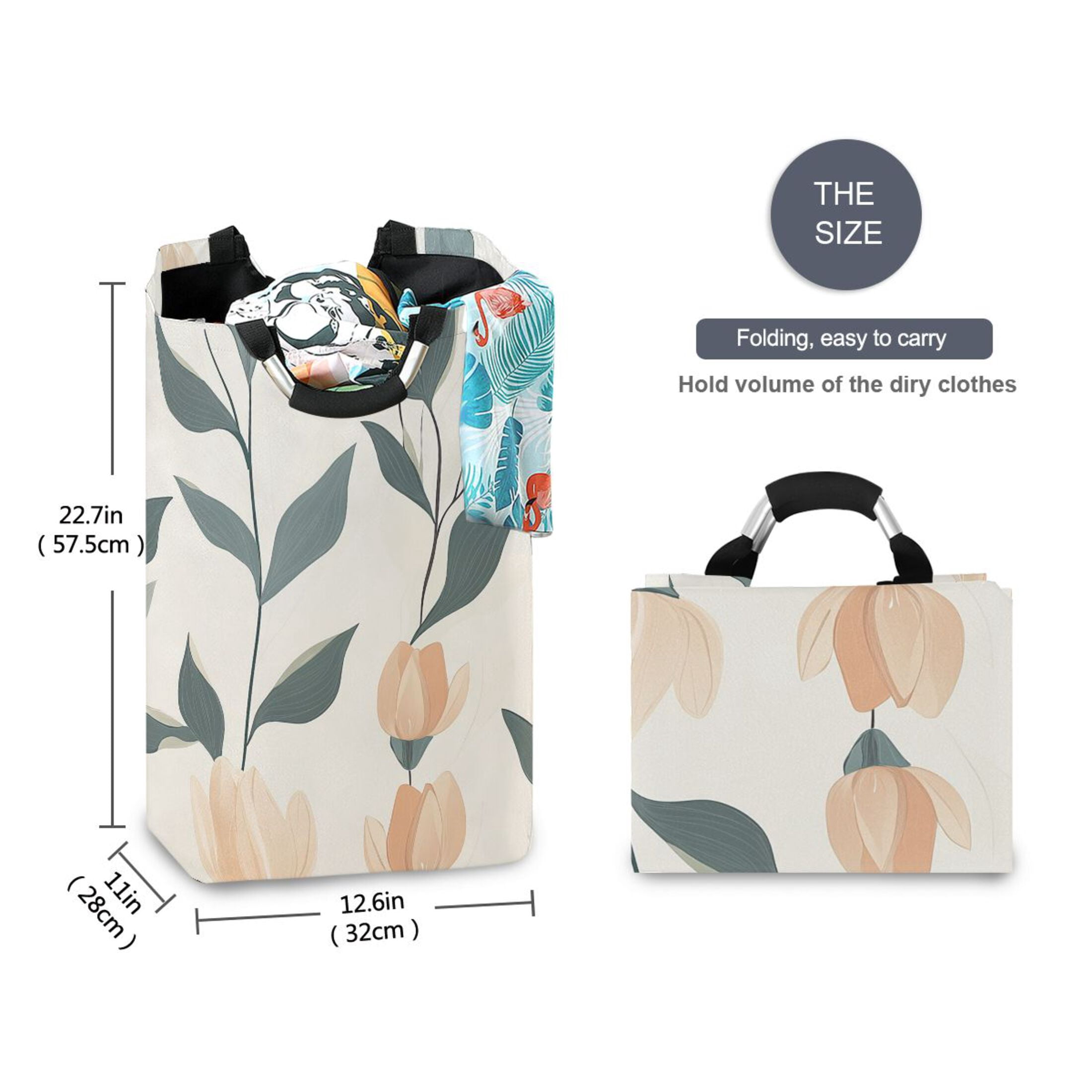 Pastel Flower Stems Foldable Laundry Hamper 12.6x11x22.7in with Handles for Bathroom Bedroom Storage
