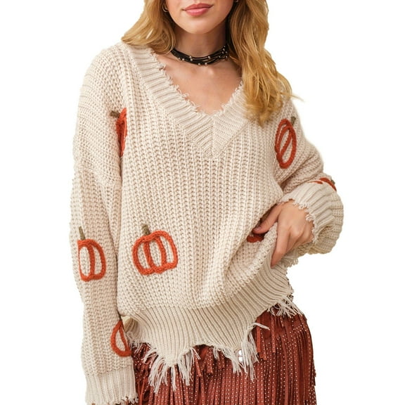 Hpapadks Womens Sweaters Pumpkin Pattern Pullover Sweaters Knitted Trendy Hem Drop Shoulder Stylish Top Womens Sweater Beige L