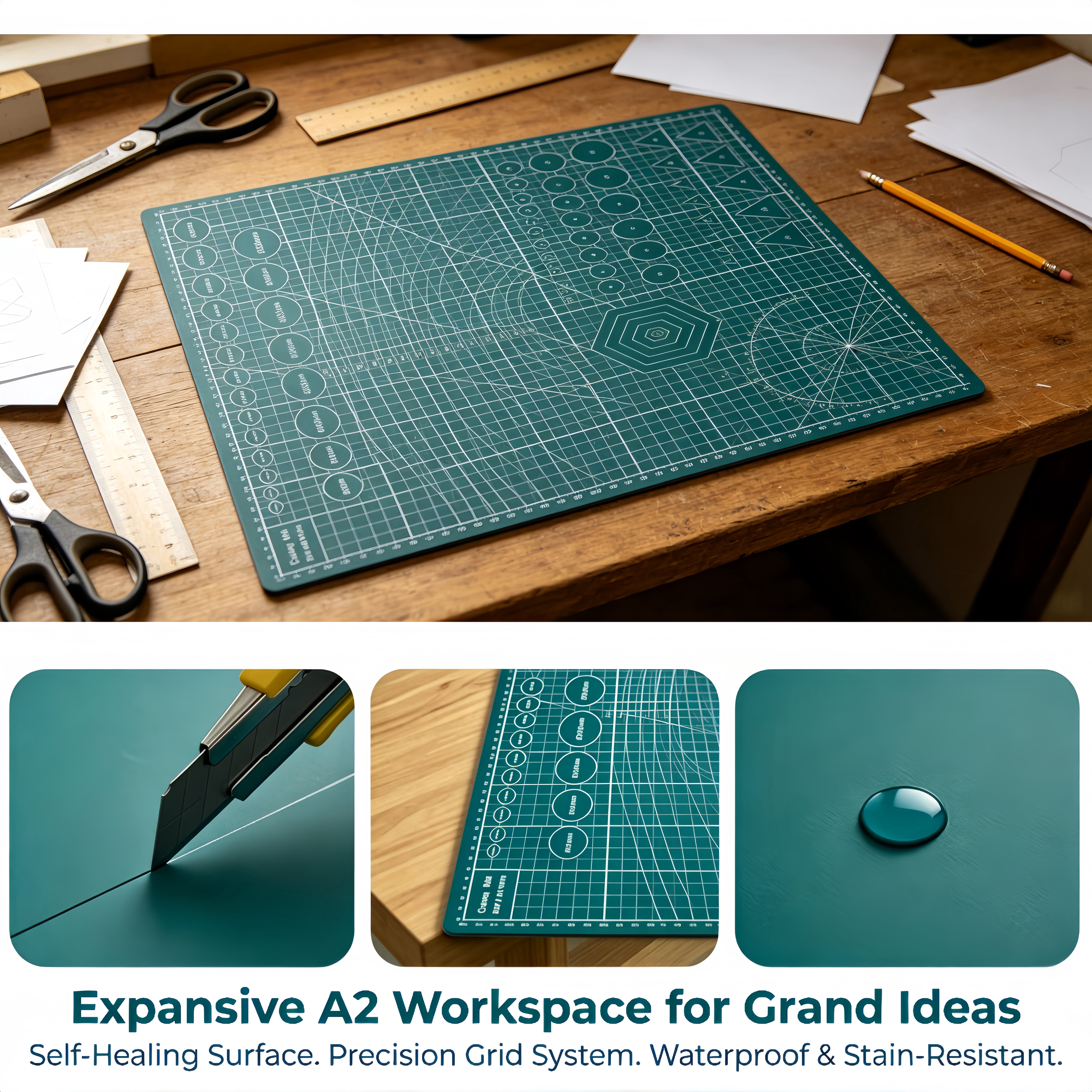 24" x 18" inch Green Self-Healing Cutting Mat, A2 Craft Board with Grid, Ideal for Crafts, Sewing, Fabric, Scrapbooking