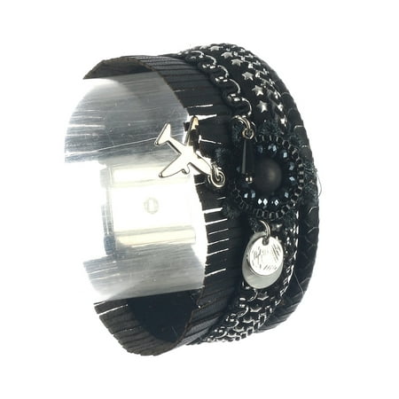 - AIRPLANE FAUX LEATHER FRINGED IRIDESCENT CHAIN BRACELET