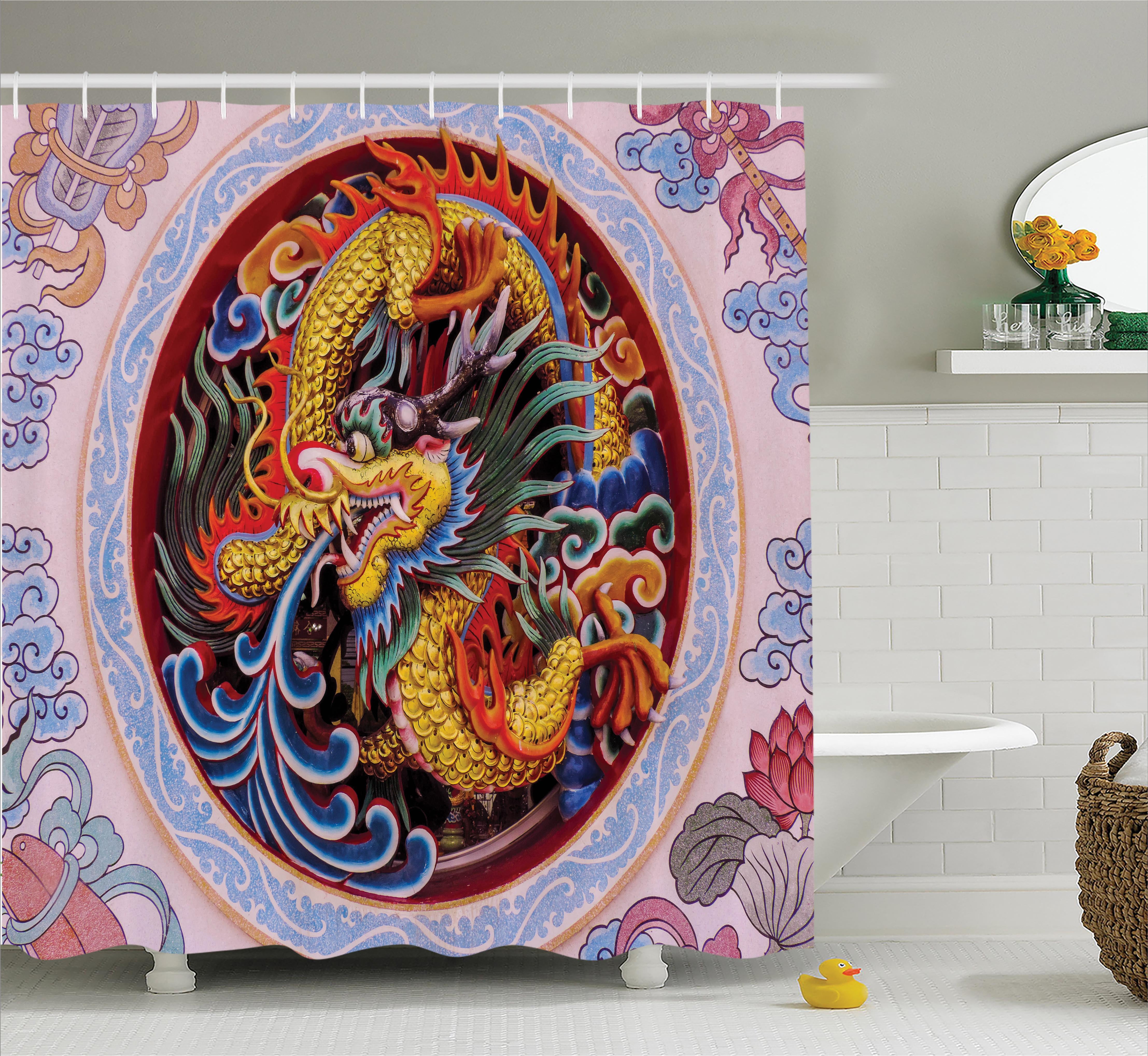 Dragon Shower Curtain, Chinese Dragon with Horns Mane and Claws Flower